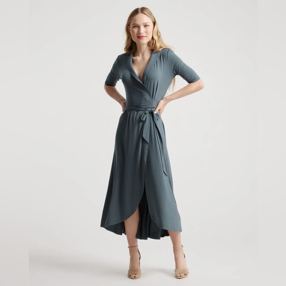 Quince Dark Olive Tencel Jersey Wrap Dress Midi
